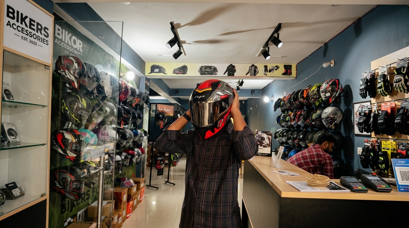 Rider helmet fitting and sizing consultation at Bikers Accessories Bihar Sharif