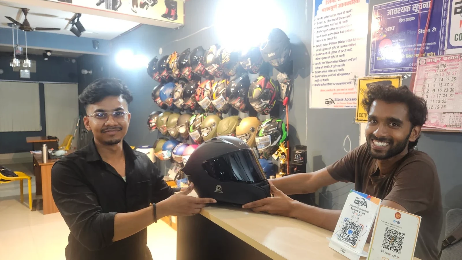 Happy customer and shop owner at Bikers Accessories counter in Bihar Sharif