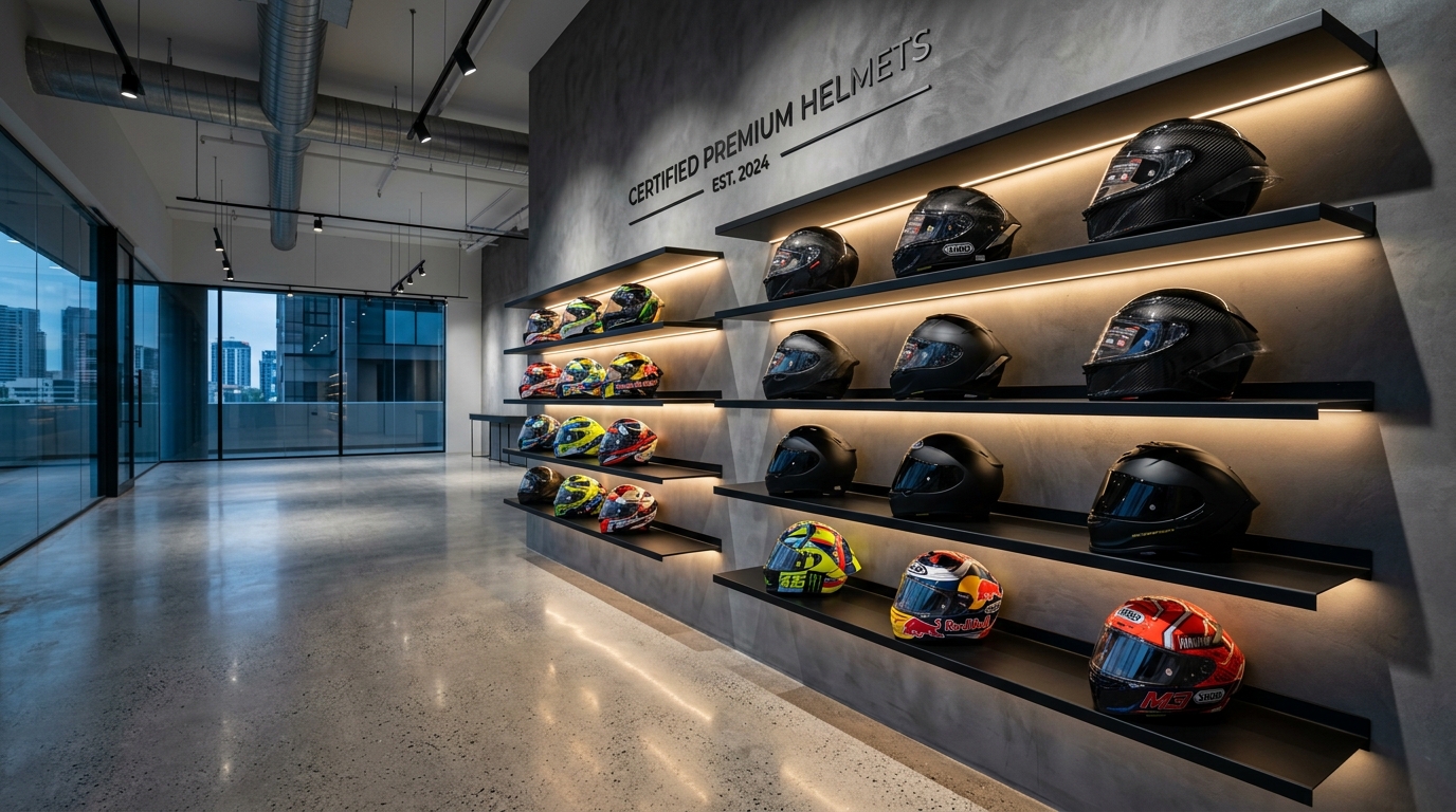 Certified motorcycle helmet display inside Bikers Accessories
